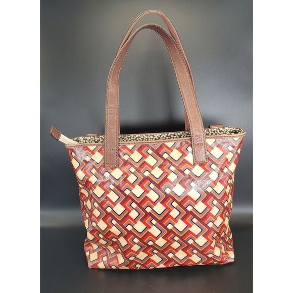 Fossil Key-Per Orange Canvas Tote Shoulder Bag Geometric Print - Picture 2 of 10